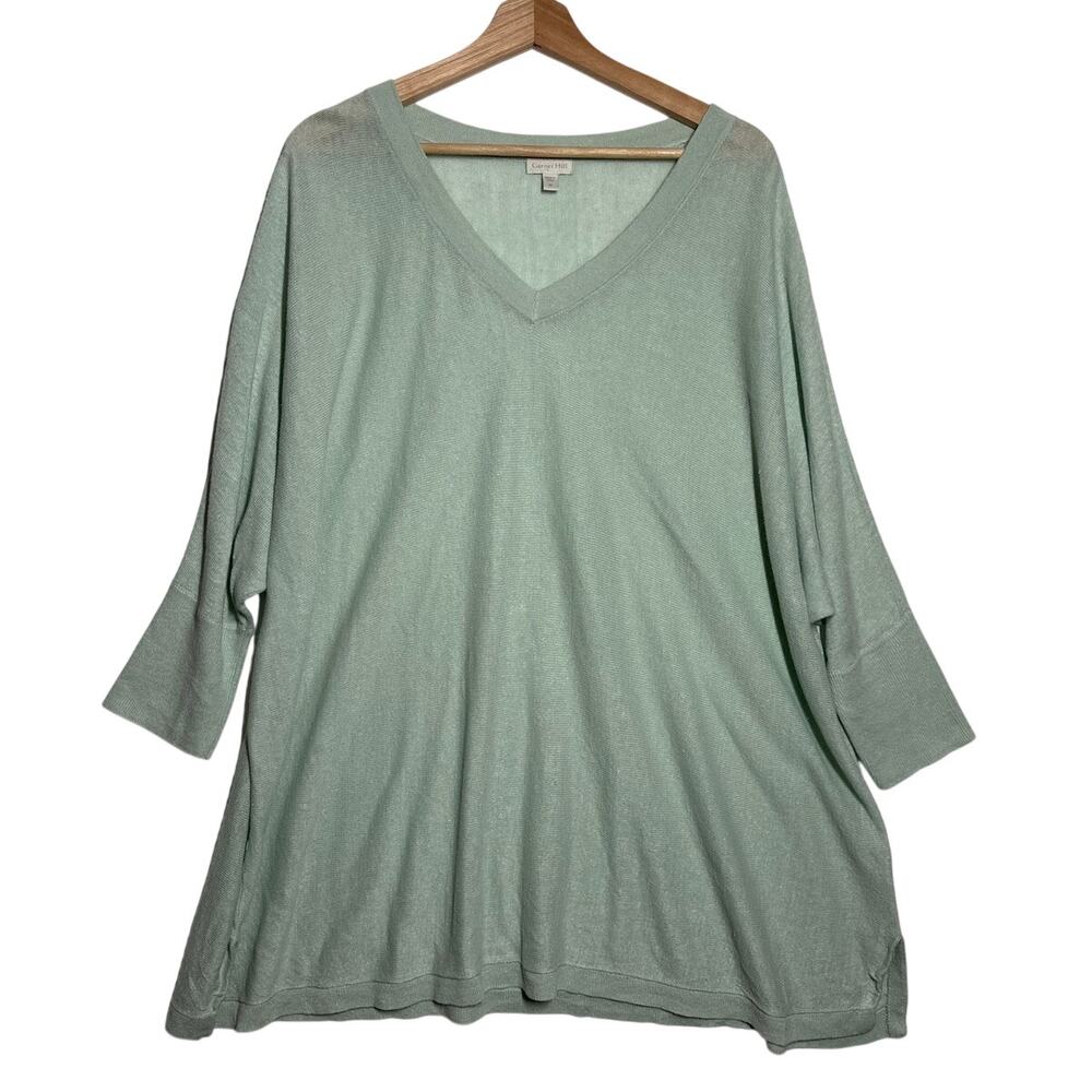 Garnet Hill Organic Linen Boxy V-Neck Sweater XL Sage Green Oversized Lagenlook